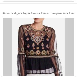 Floral Embroidered Sheer Black Blouse